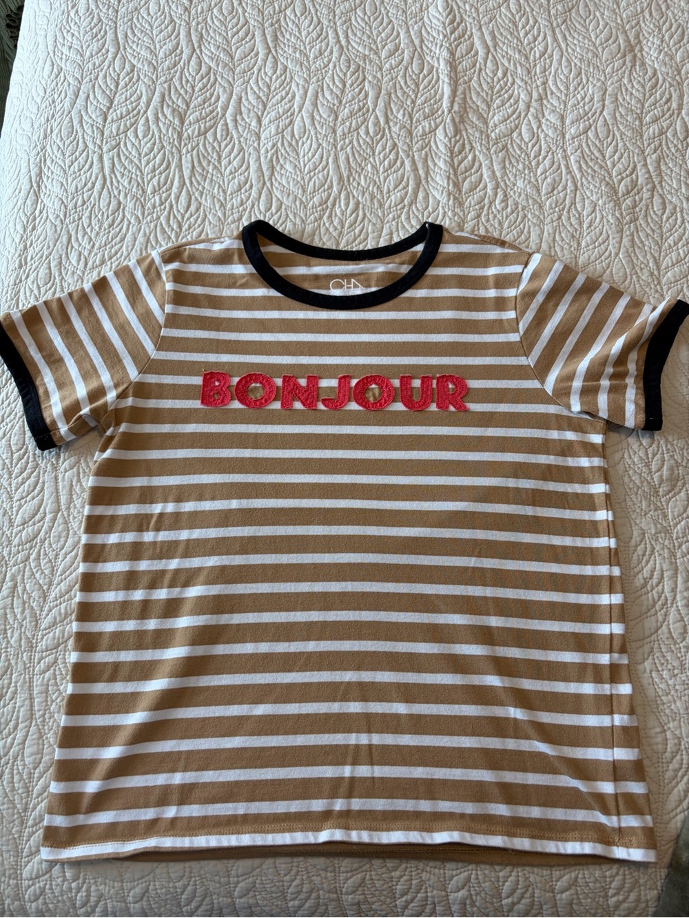 Womens Bonjour Stripe Tee - Tan & White with Red Accent